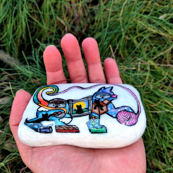 Playful Inner World Cat Silhouette Santorini Stone Hand Painted - Picture 4 of 6